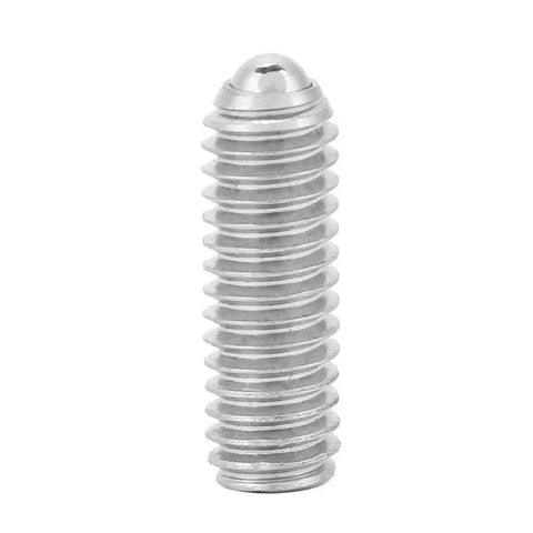Stainless steel M4 x 12mm hex spring ball plunger screw, close-up view showing the compact flat head design for jigs and fixtures.