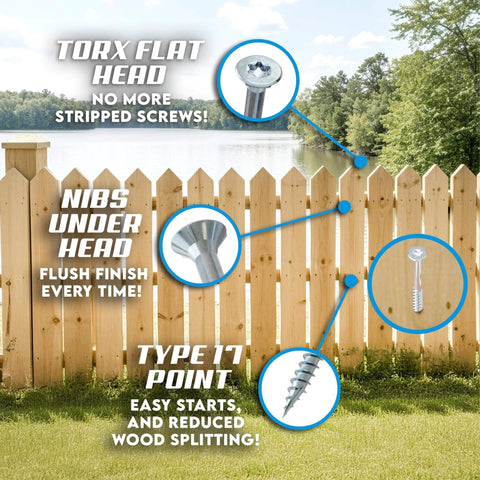 Torx flat head and type 17 point details of #8 x 1-5/8 Inch Stainless Steel Wood Screws, fence in background