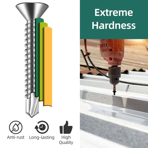 Diagram of 150pcs #10 x 1-1/2 410 Stainless Steel Flat Head Self Drilling Screws with drill making hole in metal sheet