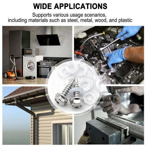 840pcs 410 Stainless Steel Self Tapping Screws Kit for Metal in various applications, includes sizes #8 #10 #12 #14 with rubber washers.