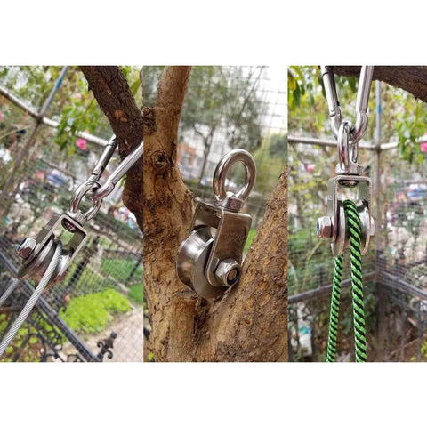 U Type Swivel Pulley 304 Stainless Steel Duplex Bearing Super-Silent Detachable 360 Degree Rotation Heavy Duty Traction Wheel installed on tree with ropes