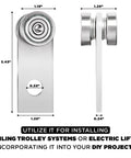 304 Stainless Steel 2 Wheel Trolley Assembly Rollers with Dual Bearings, side and front view, strut channel hardware, size dimensions