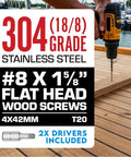 #8 x 1-5/8 Inch Stainless Steel Wood Screws, 304 Grade Flat Head T20 Star Drive Exterior Screws shown in wood decking project