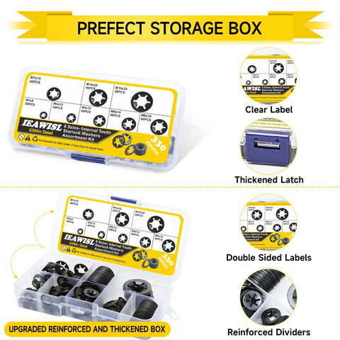 Internal Tooth Starlock Washers Kit 8 Sizes M3 To M12 330 Pcs 65Mn Steel in organized storage box with labels