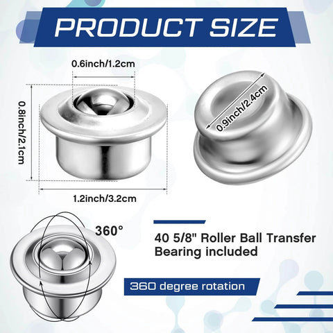 40 Pcs 5/8 Inch Roller Ball Transfer Bearings Carbon Steel Casters with 360 Degree Rotation for Conveyor Tables Furniture and Workbench Systems 44 lb Load