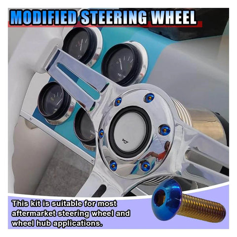 Chrome steering wheel with blue-tinted bolts from ✝️ 6PCS Steering Wheel Screw Kit, Burnt Titanium Finish Round Head Taper Steering Wheel Bolts.