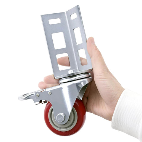 Storage Rack Caster Wheels 8 Pack with 3 Inch Polyurethane Wheels held in hand, showcasing heavy duty design and locking feature.