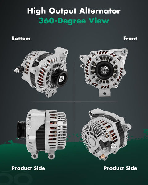 Automotive Alternator 12V 110Amp For Subaru Impreza 2.0L 2012 2013 2014 And XV Crosstrek 2.0L 2013 2014 With Clockwise Rotation 6 Groove Pulley Plug And Play OEM Grade High Performance Replacement Durable Easy Install, showcasing front, bottom, and side views
