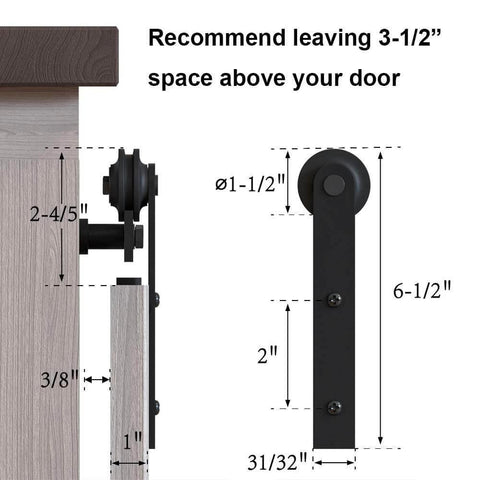 Diagram of 7FT Super Mini Barn Door Hardware Kit for Sliding Double Doors TV Stands with I Shape Hanger, dimensions shown.
