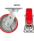 Side and front view of Heavy Duty Caster Wheels with Polyurethane on Cast Iron, Industrial Plate Mount Casters, 1000lb per Wheel Capacity