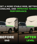 Before and after comparison of truck with Air Bag Suspension Kit for 2005–2023 Toyota Tacoma 2WD and 4WD showing sag and level ride towing performance.