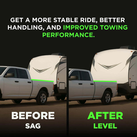 Before and after comparison of truck with Air Bag Suspension Kit for 2005–2023 Toyota Tacoma 2WD and 4WD showing sag and level ride towing performance.