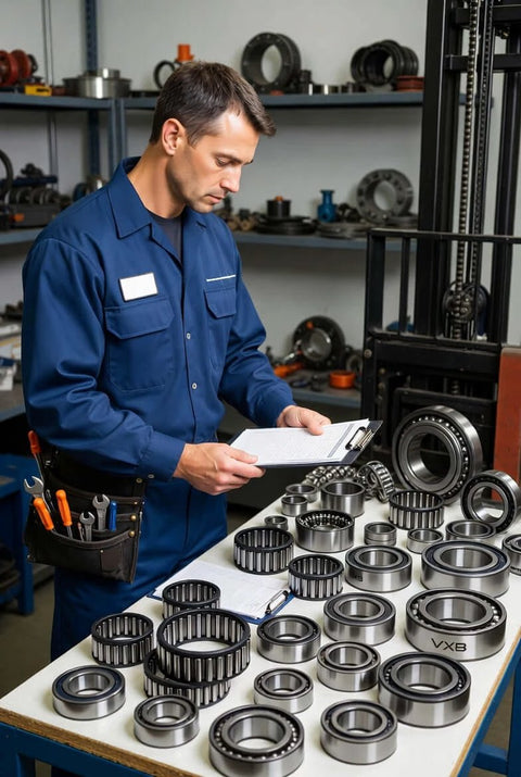 Technician inspecting industrial bearings, including forklift mast bearing 94447-01500 heavy duty replacement, in workshop setting.