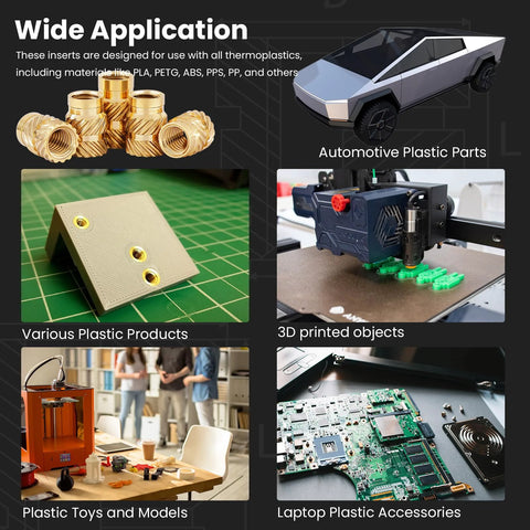 Threaded Inserts Assortment Kit With 548 Pieces for plastic models, electronics, and 3D printing projects displayed with applications.