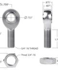 3/4 Heim Joint Rod End Kit with Right and Left Hand Threads, .750 Chromoly Panhard Joints Set dimensions and close-up views