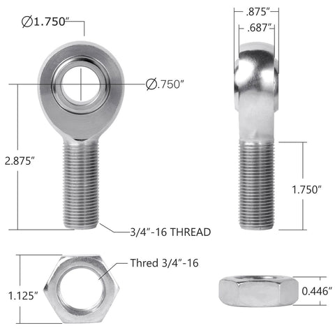 3/4 Heim Joint Rod End Kit with Right and Left Hand Threads, .750 Chromoly Panhard Joints Set dimensions and close-up views