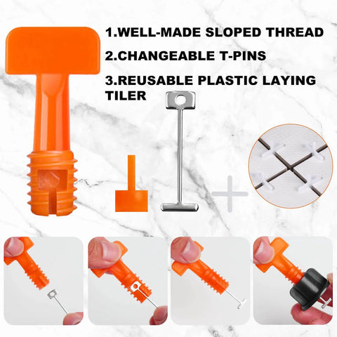 Tile Leveling System Kit With 100 Levelers, 500 Clips, 50 Wedges And 2 Wrenches features and components on marble background
