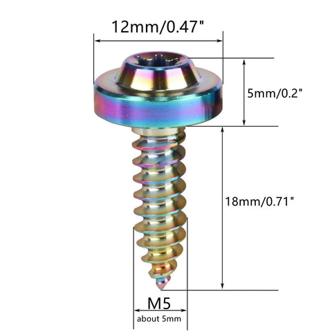 ✝️ UHDFBDHF 4Pcs Titanium M5 18mm Self Tapping Screw T25 Torx Head Motorcycle Bolt (Ranibow) close-up with dimensions