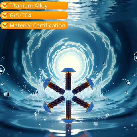 6 pcs titanium M5x15 umbrella head Torx bolts for bike motorcycle marine use, displayed in a star pattern on abstract background