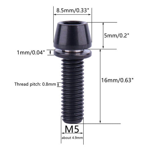 Diagram of ✝️ UHDFBDHF 6PCS Titanium Screw Internal Hex M5x16mm Tapered Head Bolt with dimensions and black finish, shown uninstalled