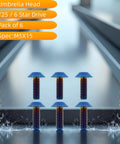 6 pcs titanium M5x15 umbrella head Torx bolts for bike motorcycle marine use displayed in a pack of six with star drive heads.