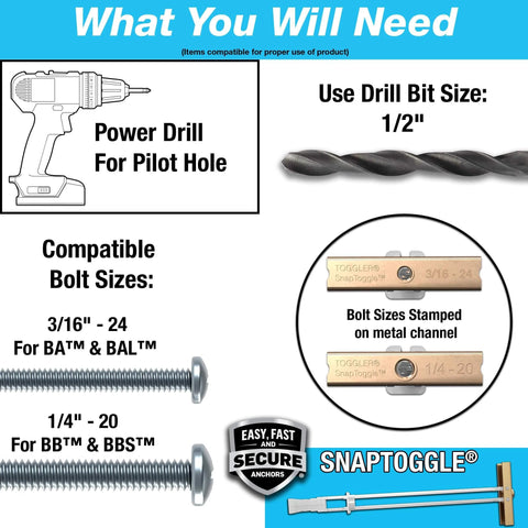 Infographic showing what tools and sizes are needed for TOGGLER SNAPTOGGLE BB Toggle Anchors installation.
