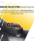 Close-up of TR-87 bent valve stem on 4.10/3.50-4 heavy duty inner tubes for 4 inch rims, used in wheelbarrows and lawn mowers.