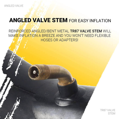 Close-up of TR-87 bent valve stem on 4.10/3.50-4 heavy duty inner tubes for 4 inch rims, used in wheelbarrows and lawn mowers.