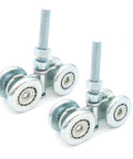 Close-up of 2pcs Track Roller Wheels Heavy Duty Trolley Assembly, silent rollers, galvanized steel, for barn or shed sliding doors.