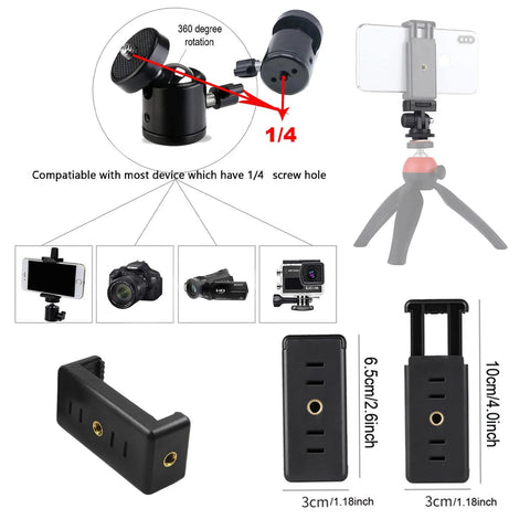 Diagram of 30 Pack Tripod Screw Mount Kit with phone and accessories, 1/4 inch screw, adapter details for DSLR cameras and monopods.