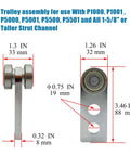 2 Wheel Trolley Assembly Rollers 6PCS Double Bearing Steel Trolley Assemblies for 1-5/8 Inch Strut Channel with dimensions