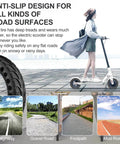 Diagram showing uses for 50/75-6.1 Tubeless Solid Tires for Electric Scooter, highlighting anti-slip design for various road surfaces.