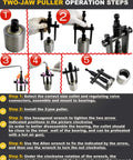 Upgrade Bicycle Blind Hole Bearing Puller Set with Two-Jawed Puller operation steps guide with images and instructions.