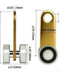 Detailed dimensions of 2 Wheel Cable Trolley Assembly Rollers with Dual Bearings for 1-5/8 Inch & Taller Strut Channel, side and front views.