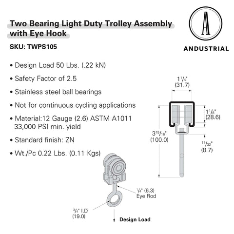 Diagram of 2 Wheels Trolley Assembly Rollers with Eye Hook Loop Silver Electro Galvanized Zinc Finish