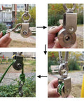 Sequence showing installation of U Type Swivel Pulley 304 Stainless Steel Duplex Bearing Super-Silent Detachable 360 Degree Rotation Heavy Duty Traction Wheel with green rope.