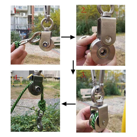Sequence showing installation of U Type Swivel Pulley 304 Stainless Steel Duplex Bearing Super-Silent Detachable 360 Degree Rotation Heavy Duty Traction Wheel with green rope.
