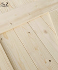 Close-up of 60in x 84in Unfinished British Brace Knotty Barn Door, Solid Spruce Wood, Pre Cut and Pre Drilled Panels for Simple Assembly