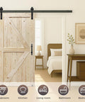 60in x 84in Unfinished British Brace Knotty Barn Door with 10FT J Shape Sliding Hardware Kit installed in living room