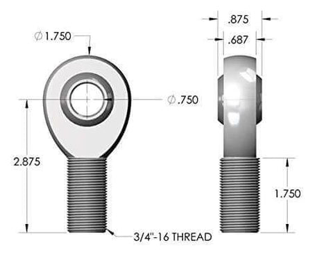 Diagram of USA 3/4 Rod End Heim Joint Kit with Right and Left Hand Threads, showing dimensions and .750 Chromoly material.