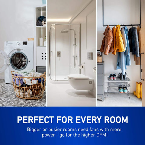 Whisper Quiet Dual Speed Ceiling Exhaust Fan With Designer Grille, Customizable 30 To 110 CFM, Energy Efficient Bath And Laundry Vent, Timed Or Sensor Activated Ventilation, FV-0511VKS3S in a laundry room, bathroom, and entryway.