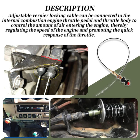 6 Ft Vernier Adjustable Locking Throttle Cable For PTO And Dump Applications with stainless core, shown in various installation scenarios.
