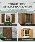 Image showing Heavy Duty Black Wrought Iron Lift Off Pintle Hinges With Colonial Reversible Pins For Doors Windows And Shutters 6.5 Inch. Featured on traditional wood frames, brick walls, garden gates, and farmhouse shutters.