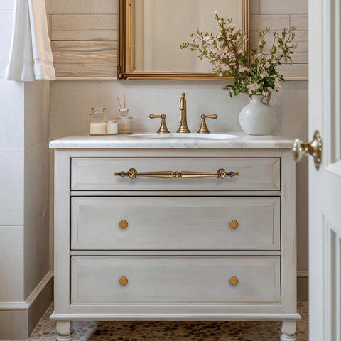 Bathroom vanity with 10 pack vintage antique brass cabinet knobs 1 inch round dresser knobs for kitchen cabinets and furniture.