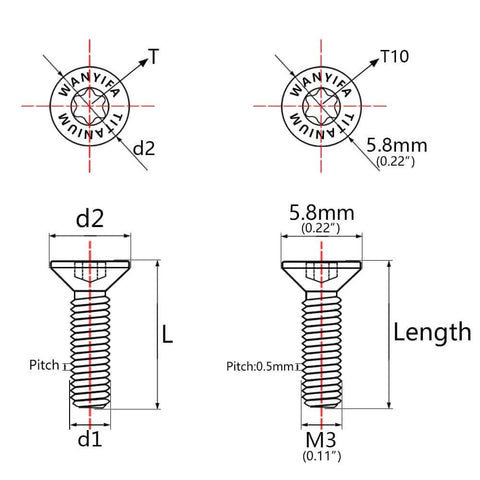 Technical diagram of ✝️ Wanyifa 10pcs Countersunk Head Torx T10 M3 6 8 10 12 15 18 20mm Titanium Bolt Flat Head Screws (Burnt Blue, M3x6mm).