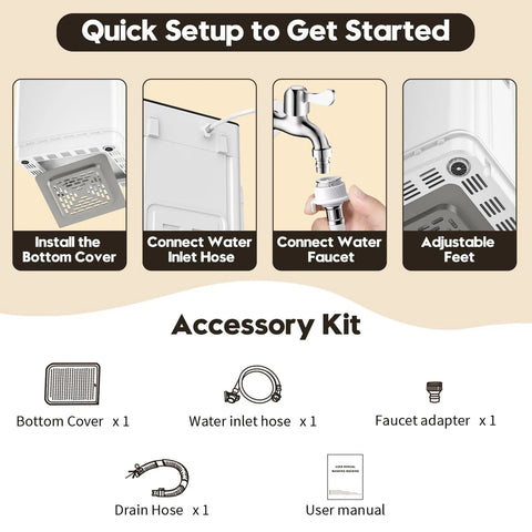 Compact 28 lb washer and 2.6 cu ft dryer combo setup guide with images of installation steps and accessories for apartments, dorms, RVs.