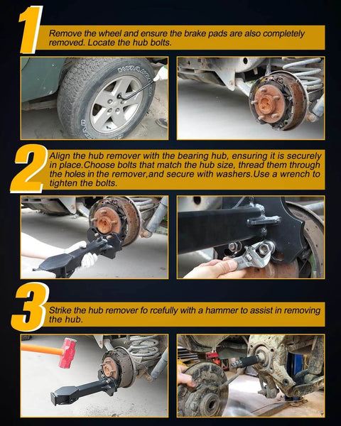 Step-by-step usage of Wheel Bearing Hub Removal Tools Kit Compatible with All Axle Bolt Hubs 5, 6, 8 Lug Hubs Buster Puller