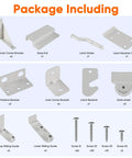 White Sliding Gate Hardware Kit package including corner brackets, gate pull, nylon wheels, and screws for wooden fences.