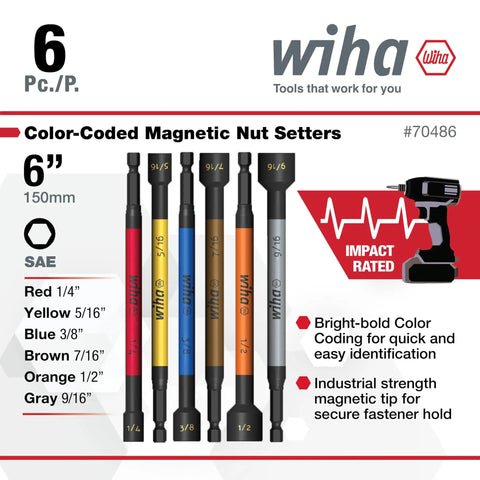 Premium Magnetic Nut Setter Set For Impact Drivers Wiha 6 Piece SAE Color Coded 1 Quarter Inch Hex Drive 700 Inch Pounds Maximum Torque