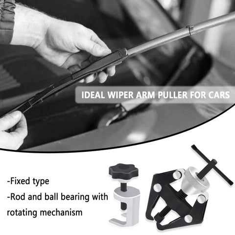 Windshield Wiper Arm Removal Tool Kit demonstrated on car windshield, showing Heavy Duty Wiper Arm Puller/Battery Terminal Puller design